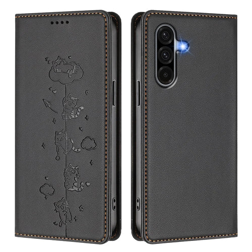 For Samsung Galaxy A37 5G / A56 5G / A36 5G Case RFID Blocking Wallet Stand Imprinted Cat Pattern Leather Phone Cover - Black - 1