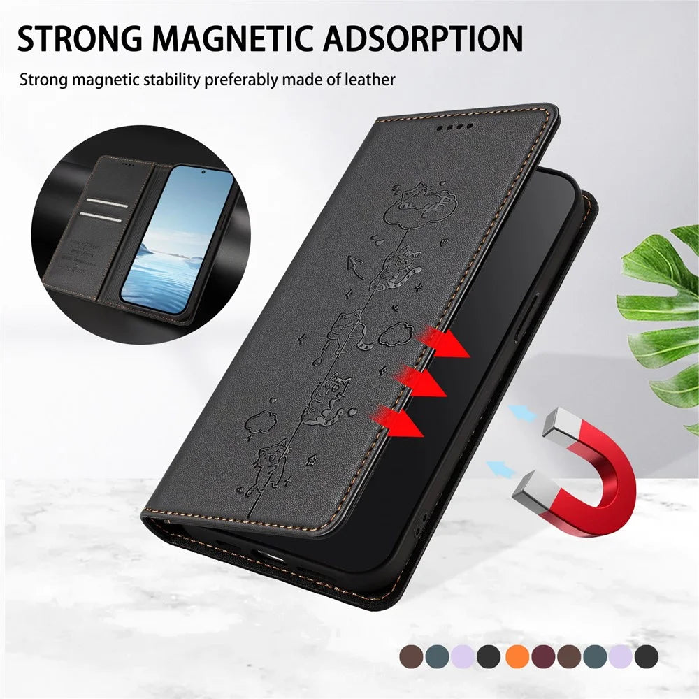 For Samsung Galaxy A37 5G / A56 5G / A36 5G Case RFID Blocking Wallet Stand Imprinted Cat Pattern Leather Phone Cover - Black - 6