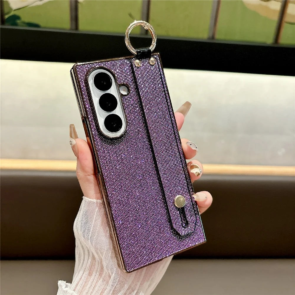 For Samsung Galaxy Z Fold7 5G Case Electroplating Glitter PC Phone Cover with Screen Film Strap Kickstand Ring Holder - Purple - 1