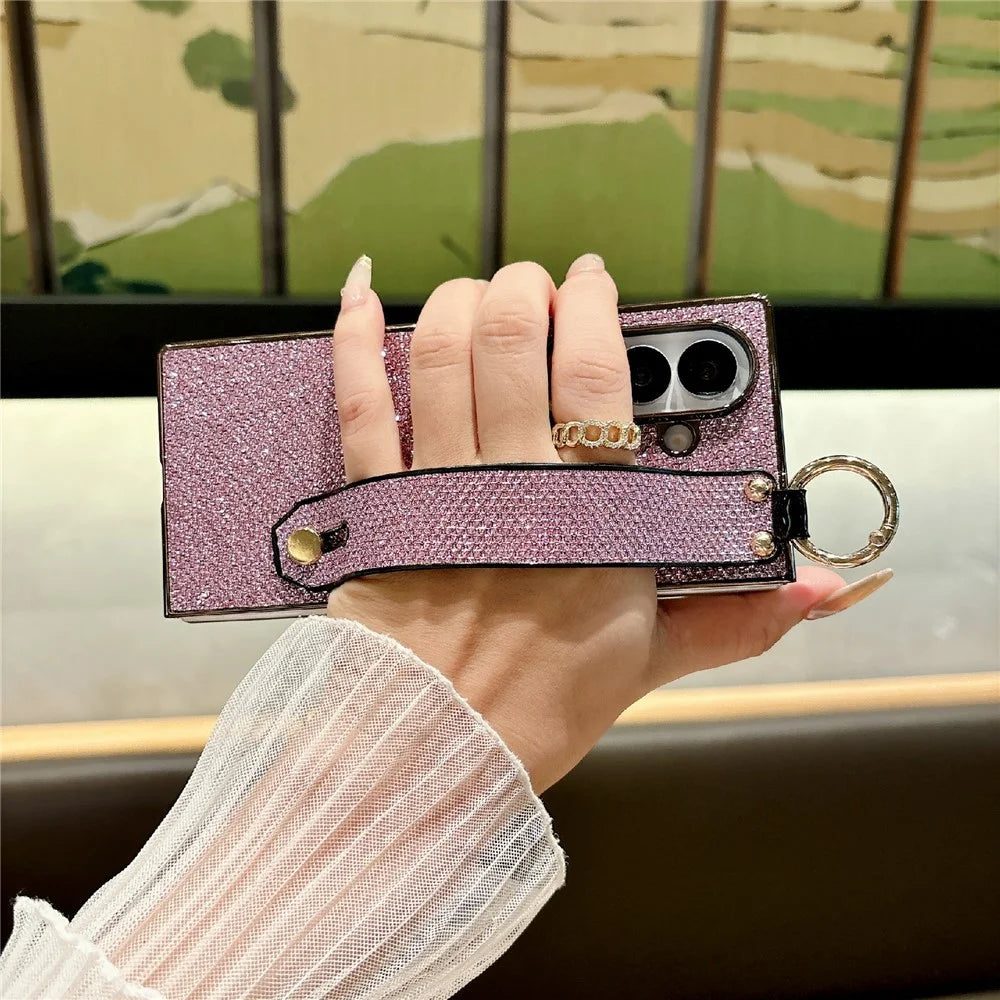 For Samsung Galaxy Z Fold7 5G Case Electroplating Glitter PC Phone Cover with Screen Film Strap Kickstand Ring Holder - Purple - 3
