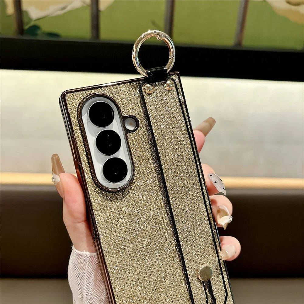 For Samsung Galaxy Z Fold7 5G Case Electroplating Glitter PC Phone Cover with Screen Film Strap Kickstand Ring Holder - Purple - 5