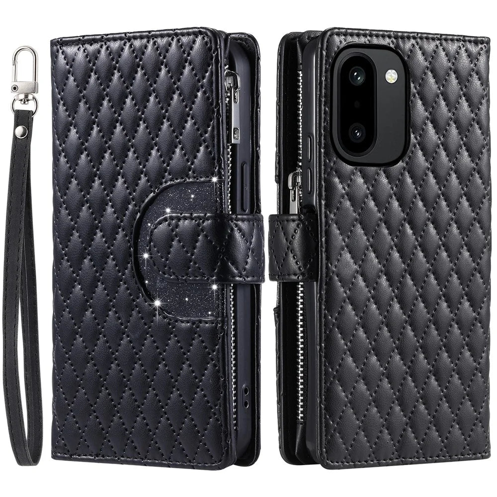 For OnePlus 15R 5G Case Zipper Pocket Glitter Leather Phone Cover with Wrist Strap - Black - 1