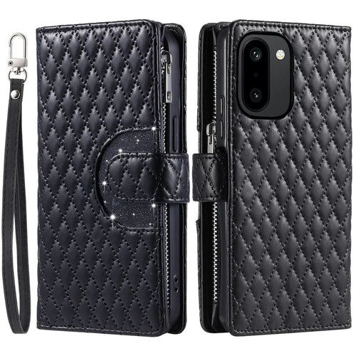 For OnePlus 15R 5G Case Zipper Pocket Glitter Leather Phone Cover with Wrist Strap - Black - 1