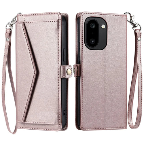 For OnePlus 15R 5G Leather Case with Wrist Strap Wallet Stand Phone Cover - Rose Gold - 1