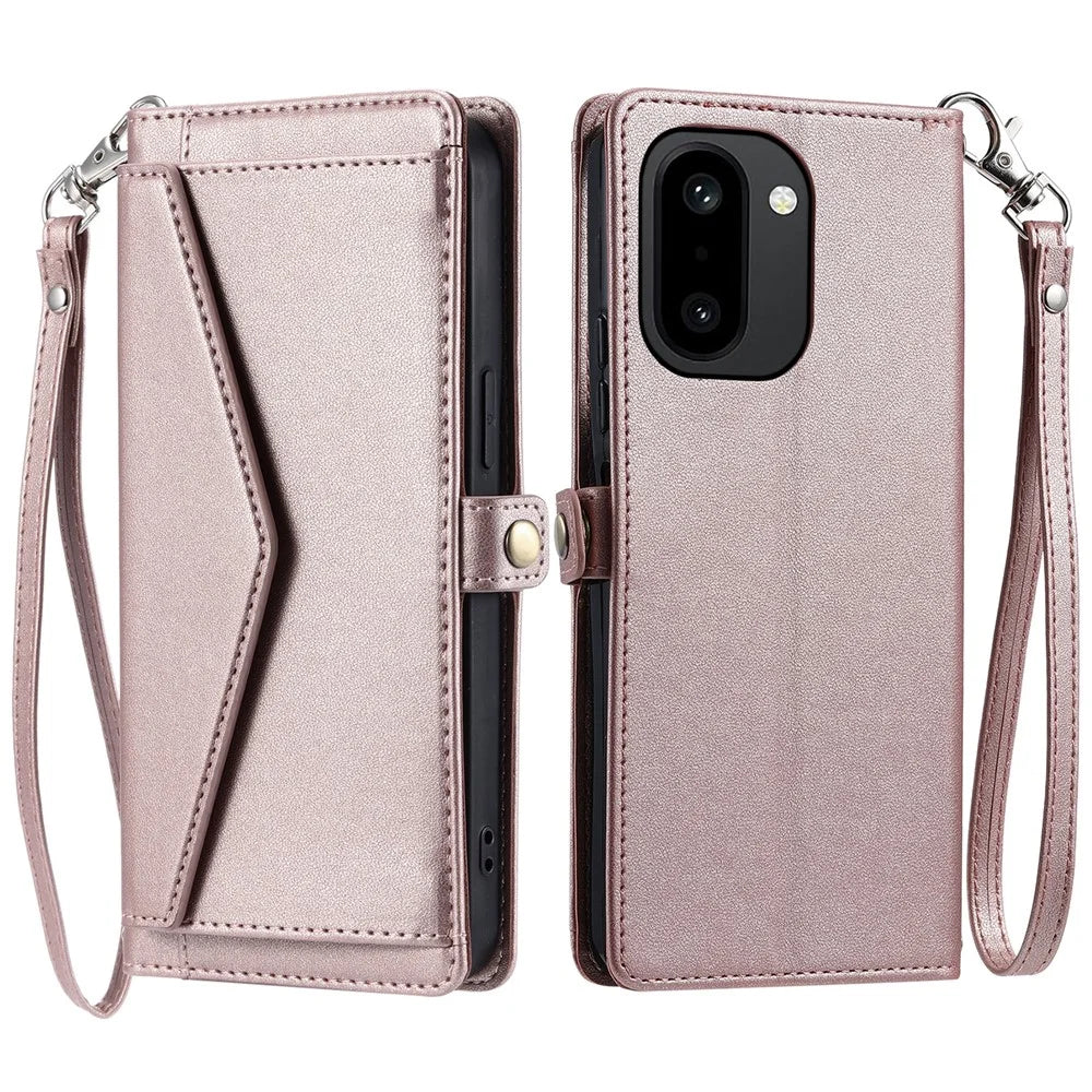 For OnePlus 15R 5G Leather Case with Wrist Strap Wallet Stand Phone Cover - Rose Gold - 1