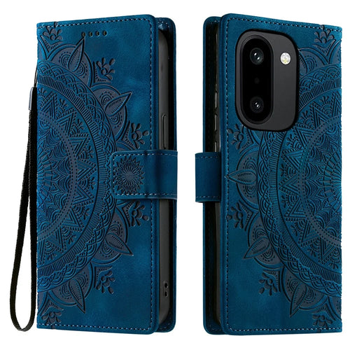 For OnePlus 15R 5G Case Imprinted Totem Skin Feel Wallet Leather Phone Cover with Hand Strap - Blue - 1
