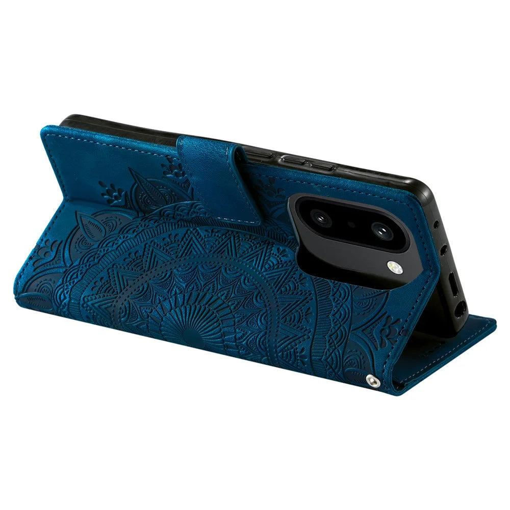For OnePlus 15R 5G Case Imprinted Totem Skin Feel Wallet Leather Phone Cover with Hand Strap - Blue - 3