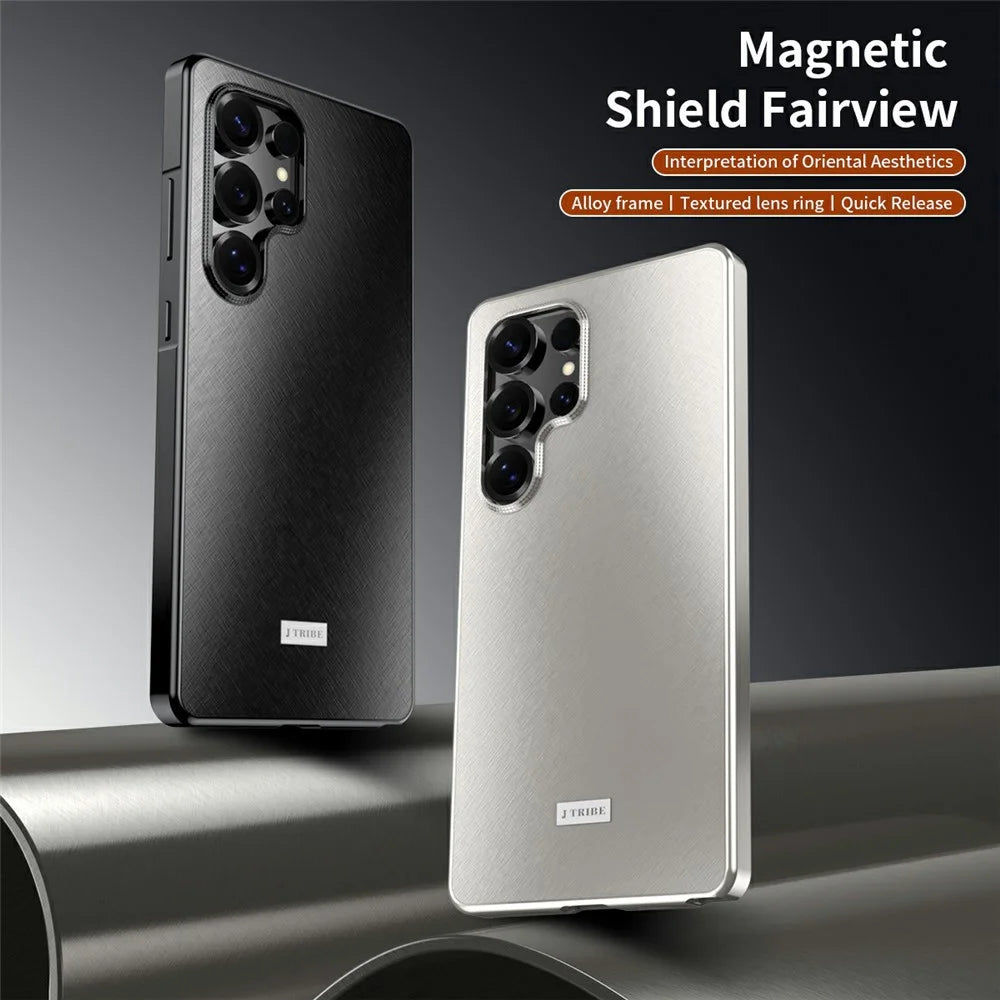 For Samsung Galaxy S24 Ultra Case Brocade Texture Anti Drop Alloy Magnetic Frame PC Phone Back Cover - Titanium - 2
