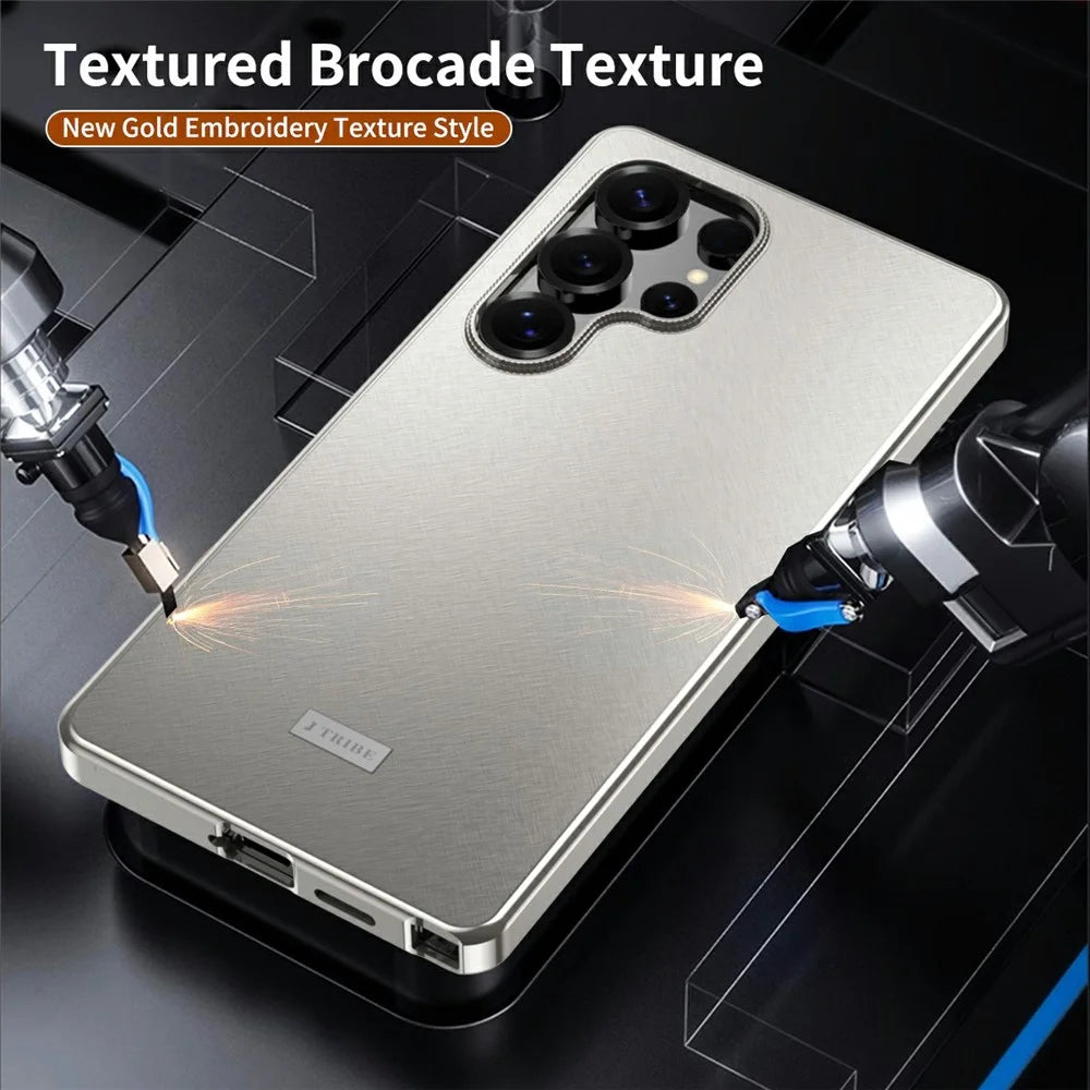 For Samsung Galaxy S24 Ultra Case Brocade Texture Anti Drop Alloy Magnetic Frame PC Phone Back Cover - Titanium - 3