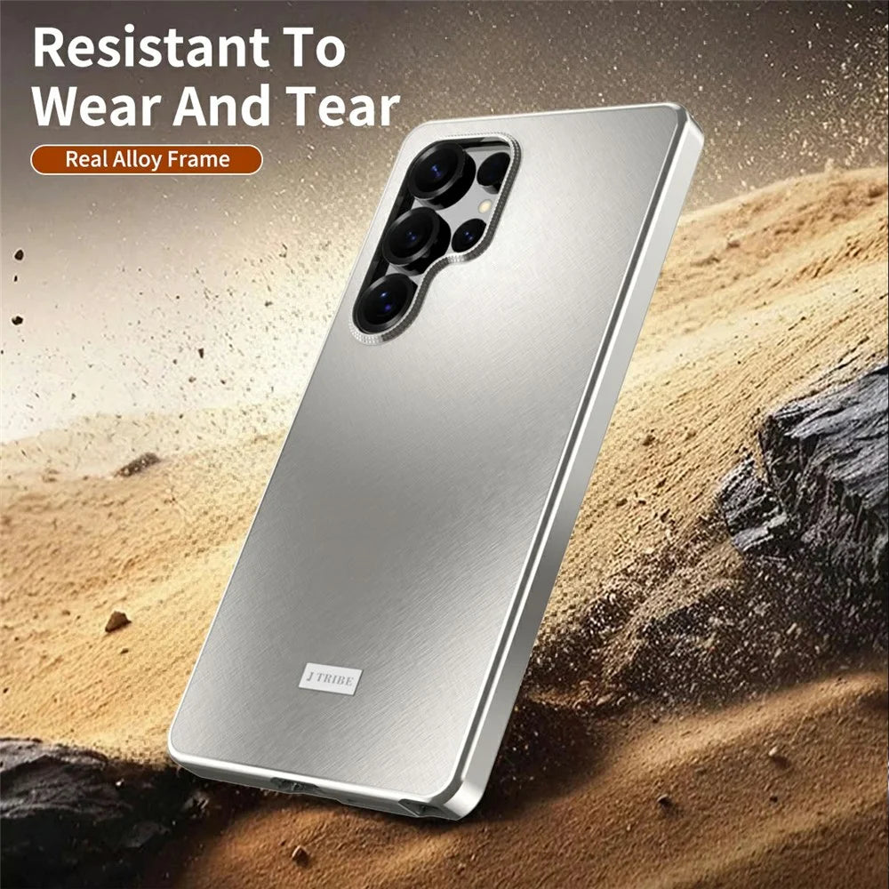 For Samsung Galaxy S24 Ultra Case Brocade Texture Anti Drop Alloy Magnetic Frame PC Phone Back Cover - Titanium - 5
