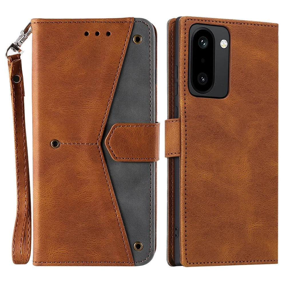 For OnePlus 15R 5G Leather Case Splicing Stitching Wallet Phone Cover with Wrist Strap - Brown - 1