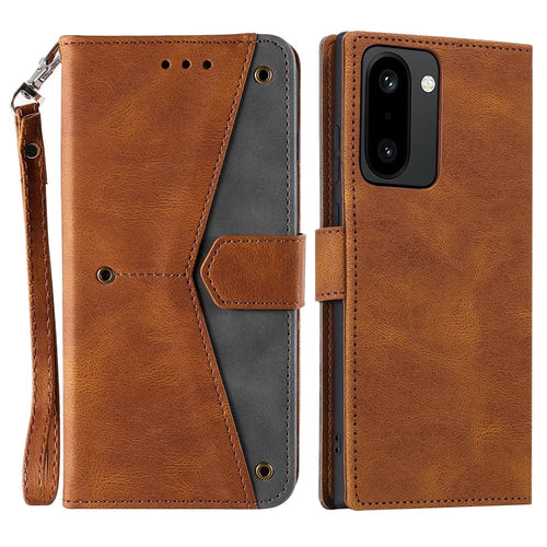 For OnePlus 15R 5G Leather Case Splicing Stitching Wallet Phone Cover with Wrist Strap - Brown - 1