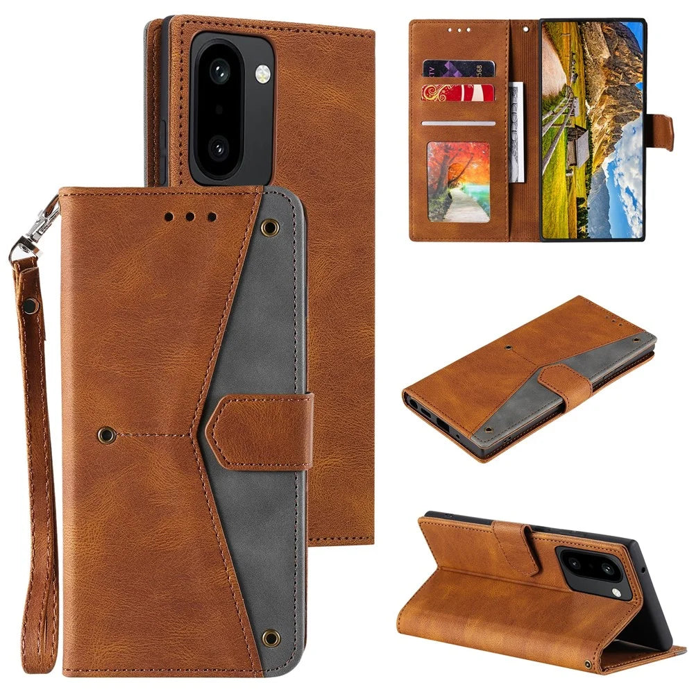 For OnePlus 15R 5G Leather Case Splicing Stitching Wallet Phone Cover with Wrist Strap - Brown - 5
