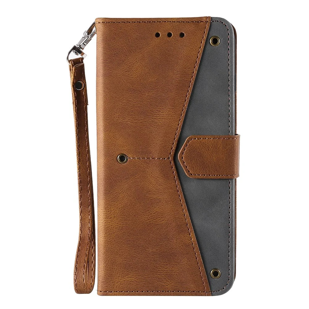 For OnePlus 15R 5G Leather Case Splicing Stitching Wallet Phone Cover with Wrist Strap - Brown - 6