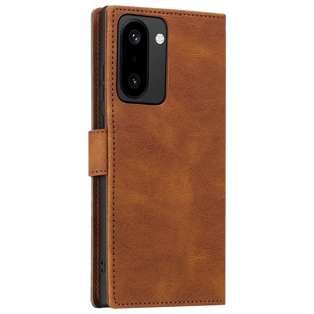 For OnePlus 15R 5G Leather Case Splicing Stitching Wallet Phone Cover with Wrist Strap - Brown - 7
