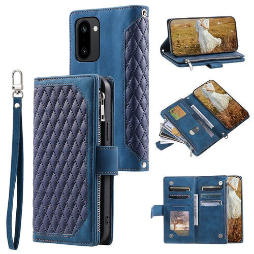 For OnePlus 15R 5G Wallet Case Rhombus Stitching Line PU Leather Phone Cover with Wrist Strap - Blue - 1