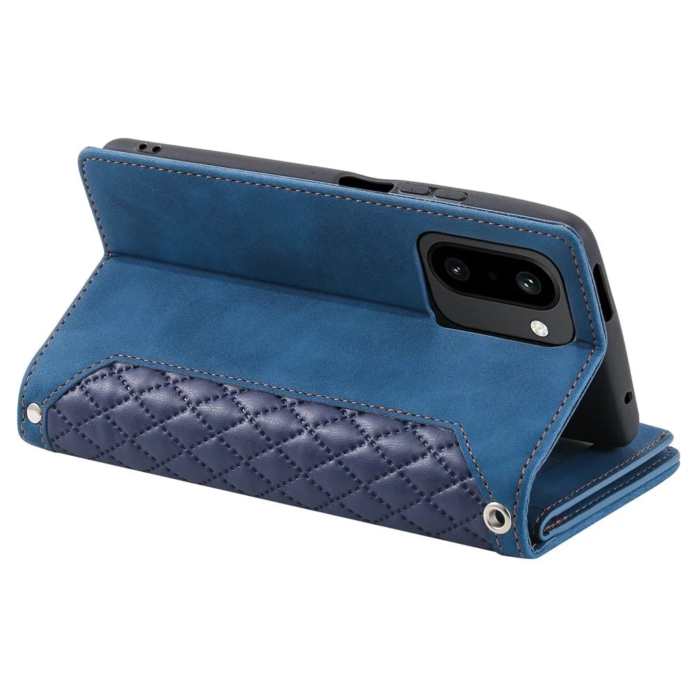 For OnePlus 15R 5G Wallet Case Rhombus Stitching Line PU Leather Phone Cover with Wrist Strap - Blue - 4