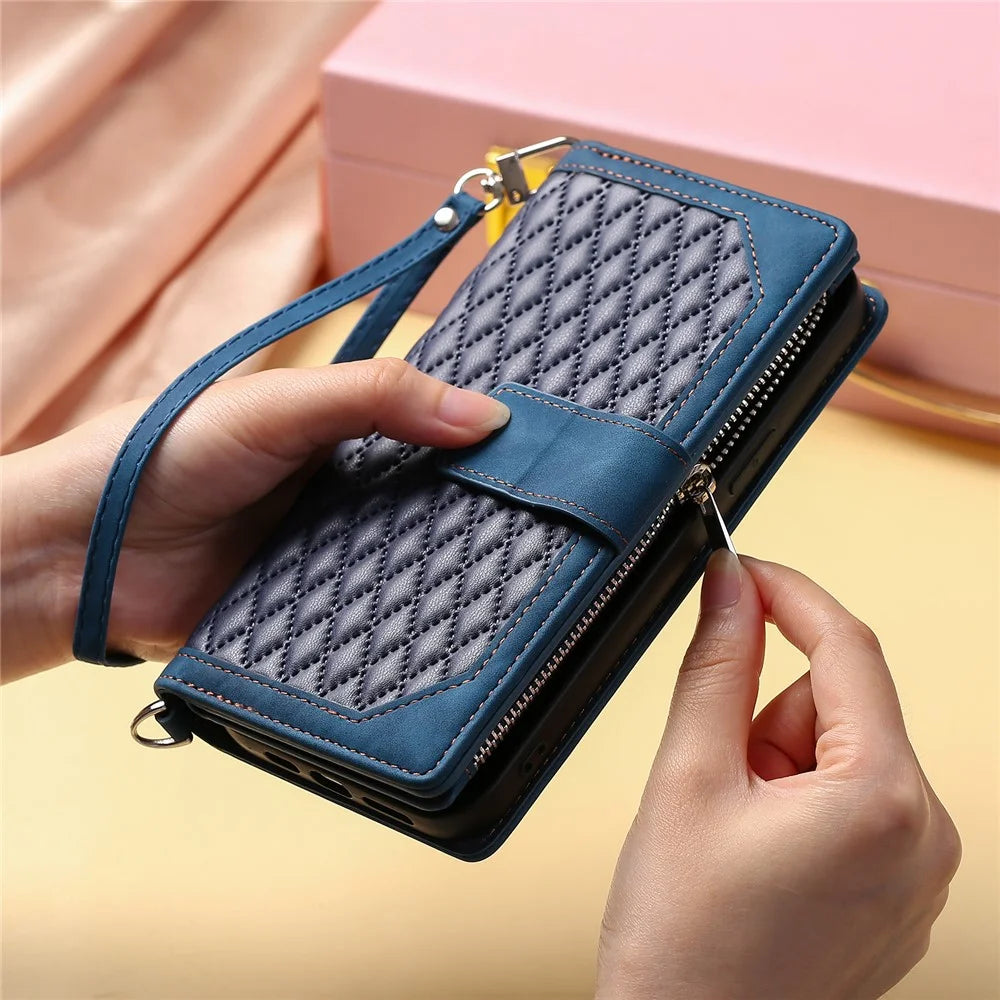 For OnePlus 15R 5G Wallet Case Rhombus Stitching Line PU Leather Phone Cover with Wrist Strap - Blue - 5