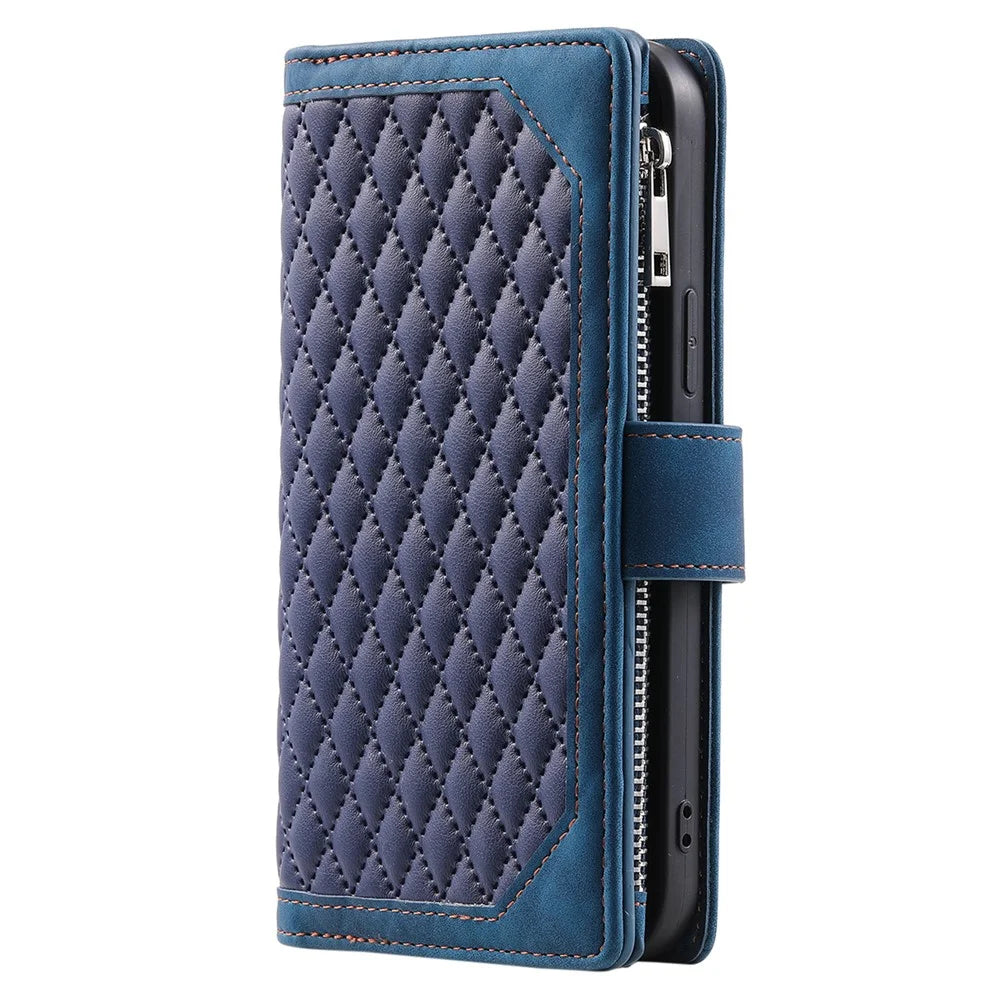 For OnePlus 15R 5G Wallet Case Rhombus Stitching Line PU Leather Phone Cover with Wrist Strap - Blue - 7