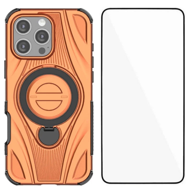 WANLONFENG For iPhone 16 Pro  XH Series Kickstand Case with Screen Film, Drop Proof PC TPU Phone Cover - Orange - 1