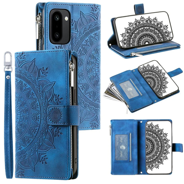 For OnePlus 15R 5G Wallet Case Mandala Flower Pattern PU Leather Phone Cover with Wrist Strap - Blue - 1