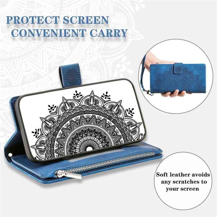 For OnePlus 15R 5G Wallet Case Mandala Flower Pattern PU Leather Phone Cover with Wrist Strap - Blue - 6
