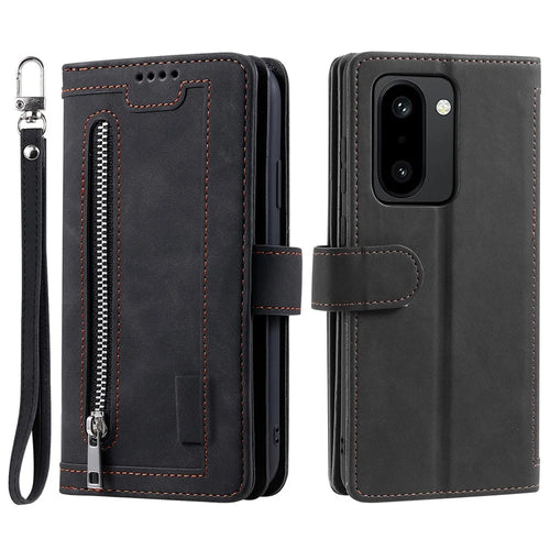 For OnePlus 15R 5G Case 9 Card Slots Zipper Wallet PU Leather Phone Cover with Wrist Strap - Black - 1
