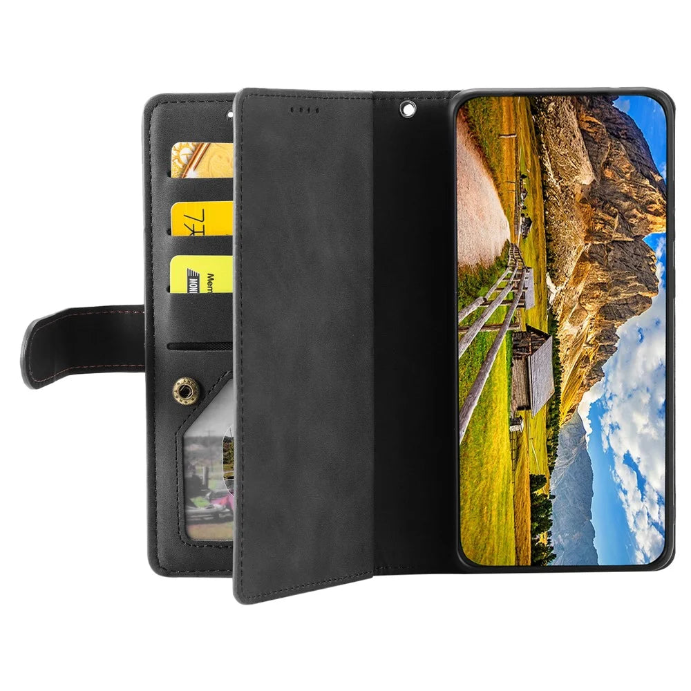 For OnePlus 15R 5G Case 9 Card Slots Zipper Wallet PU Leather Phone Cover with Wrist Strap - Black - 3