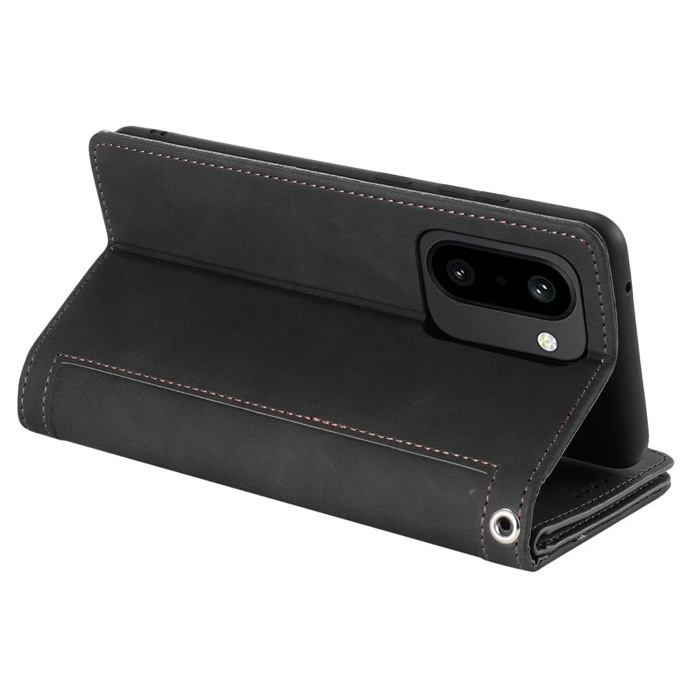 For OnePlus 15R 5G Case 9 Card Slots Zipper Wallet PU Leather Phone Cover with Wrist Strap - Black - 5