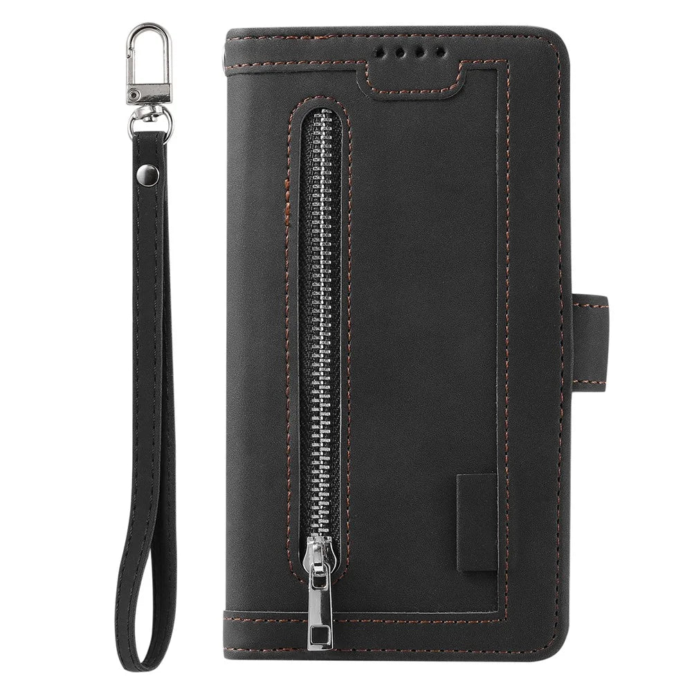 For OnePlus 15R 5G Case 9 Card Slots Zipper Wallet PU Leather Phone Cover with Wrist Strap - Black - 7
