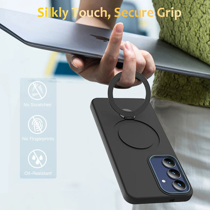 For Samsung Galaxy A37 5G Magnetic Case Rotating Ring Kickstand TPU + PC Back Cover - Black - 2