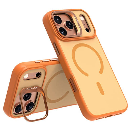 LEREACH Le-Luser Series For iPhone 17 Pro Case Compatible with MagSafe Metal Lens Kickstand TPU PC Phone Cover - Orange - 1