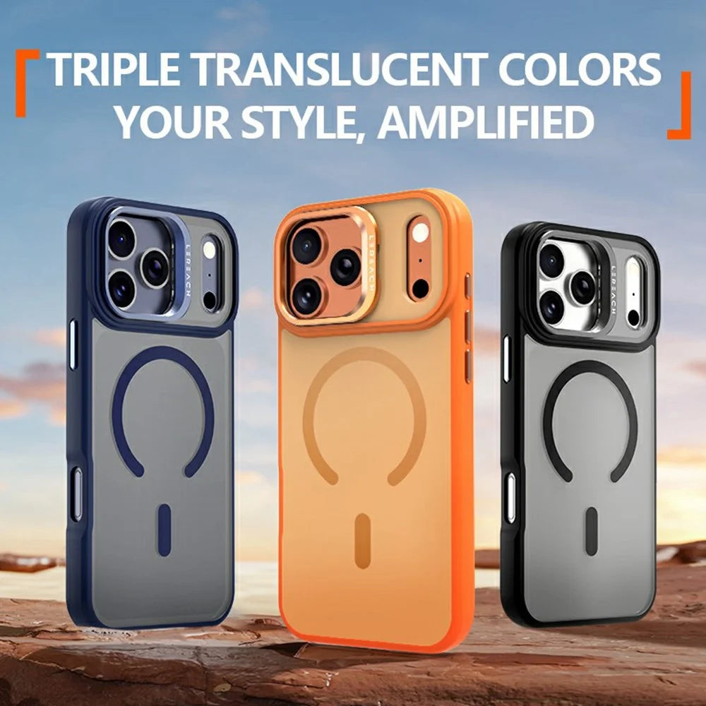 LEREACH Le-Luser Series For iPhone 17 Pro Case Compatible with MagSafe Metal Lens Kickstand TPU PC Phone Cover - Orange - 7