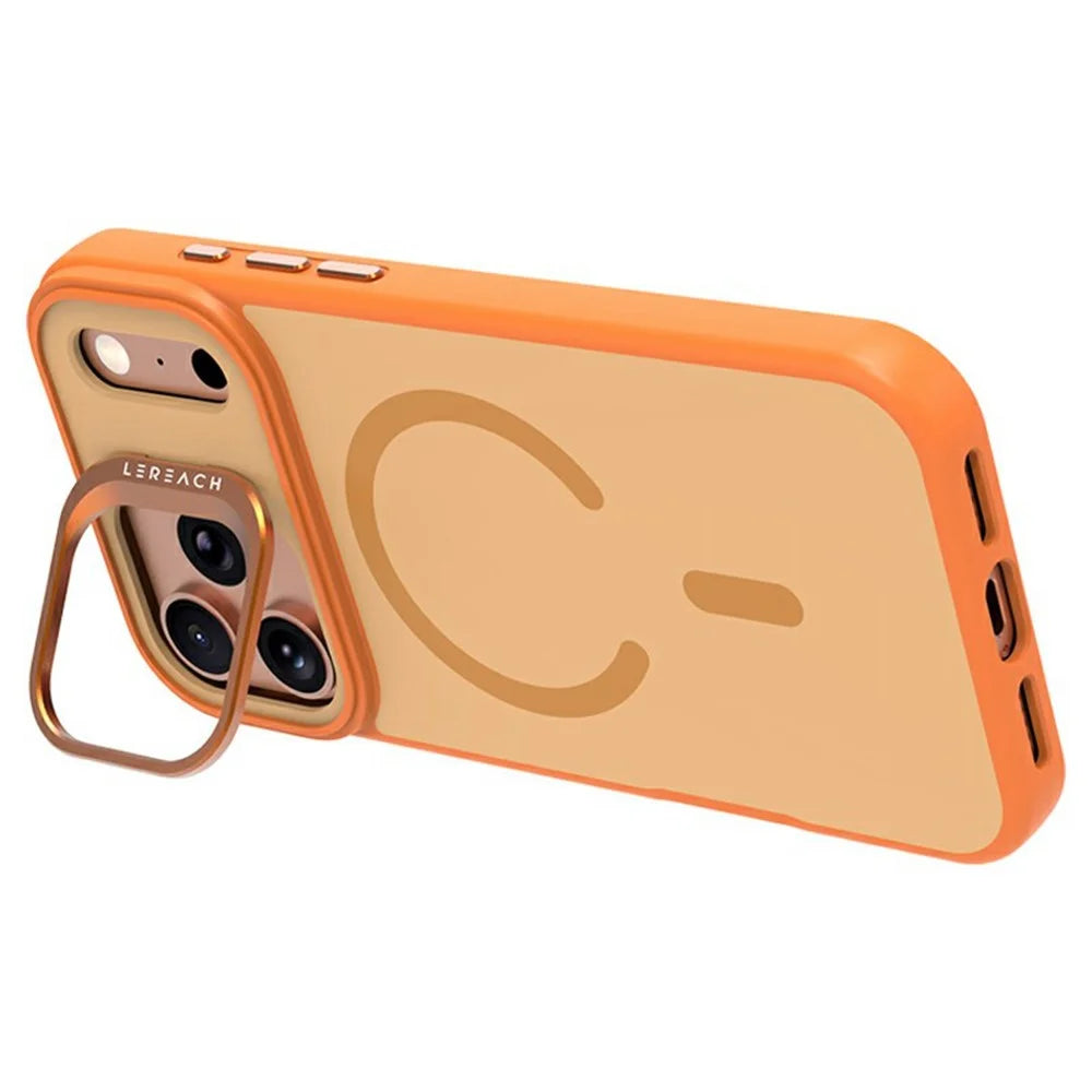 LEREACH Le-Luser Series For iPhone 17 Pro Max Case Compatible with MagSafe Metal Lens Kickstand TPU PC Phone Cover - Orange - 2