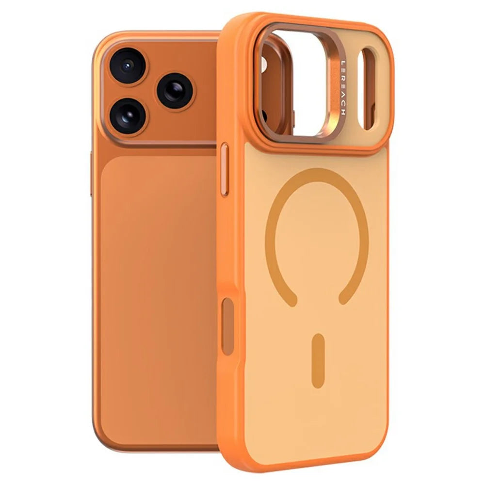 LEREACH Le-Luser Series For iPhone 17 Pro Max Case Compatible with MagSafe Metal Lens Kickstand TPU PC Phone Cover - Orange - 4
