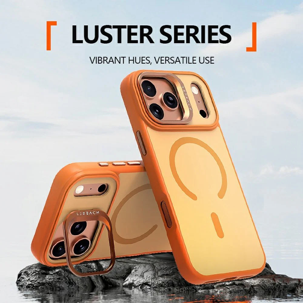 LEREACH Le-Luser Series For iPhone 17 Pro Max Case Compatible with MagSafe Metal Lens Kickstand TPU PC Phone Cover - Orange - 6