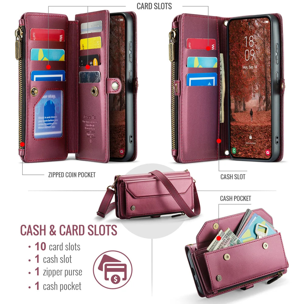CASEME For Samsung Galaxy S26 Leather Case  C36 Zipper 10 Card Slots Phone Cover with Straps - Red - 2