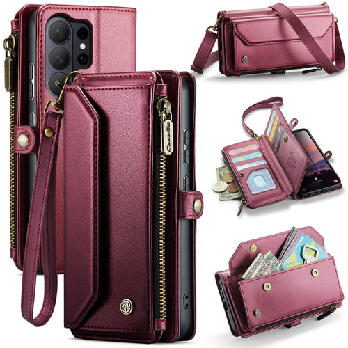 CASEME For Samsung Galaxy S26 Ultra Leather Case  C36 Zipper 10 Card Slots Phone Cover with Straps - Red - 1