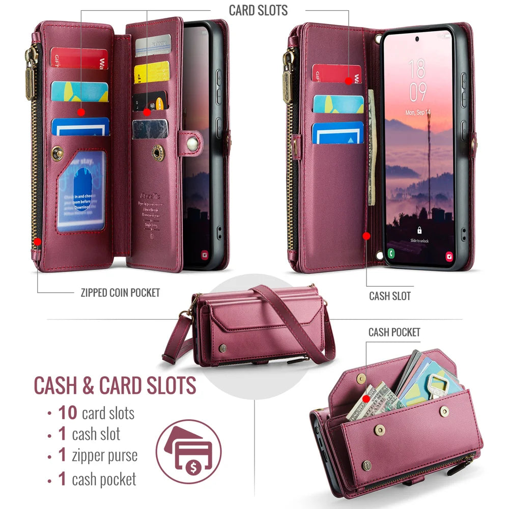 CASEME For Samsung Galaxy S26 Ultra Leather Case  C36 Zipper 10 Card Slots Phone Cover with Straps - Red - 2