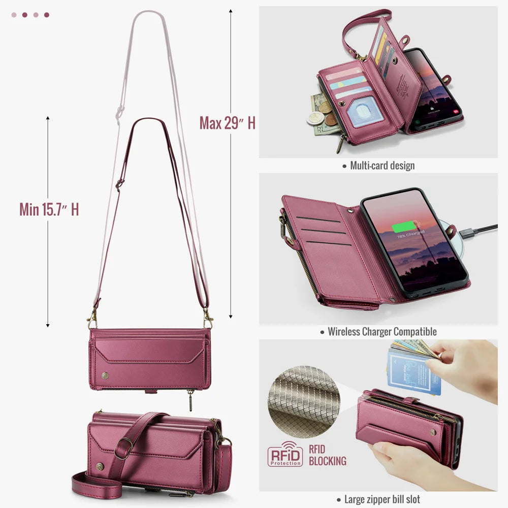 CASEME For Samsung Galaxy S26 Ultra Leather Case  C36 Zipper 10 Card Slots Phone Cover with Straps - Red - 3