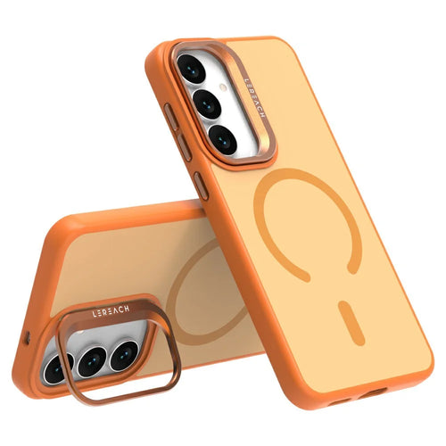 LEREACH Le-Luser Series For Samsung Galaxy S25 FE Magnetic Case Metal Lens Kickstand TPU PC Phone Cover - Orange - 1