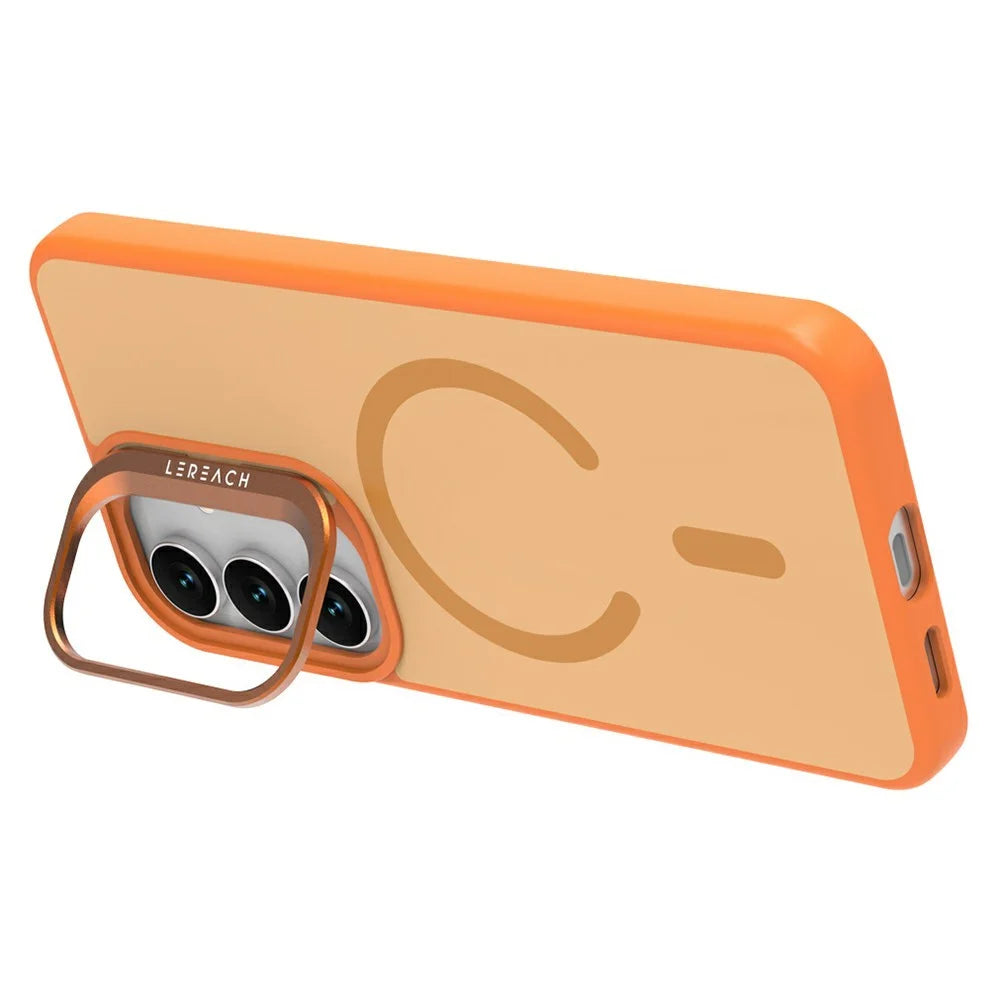 LEREACH Le-Luser Series For Samsung Galaxy S25 FE Magnetic Case Metal Lens Kickstand TPU PC Phone Cover - Orange - 2