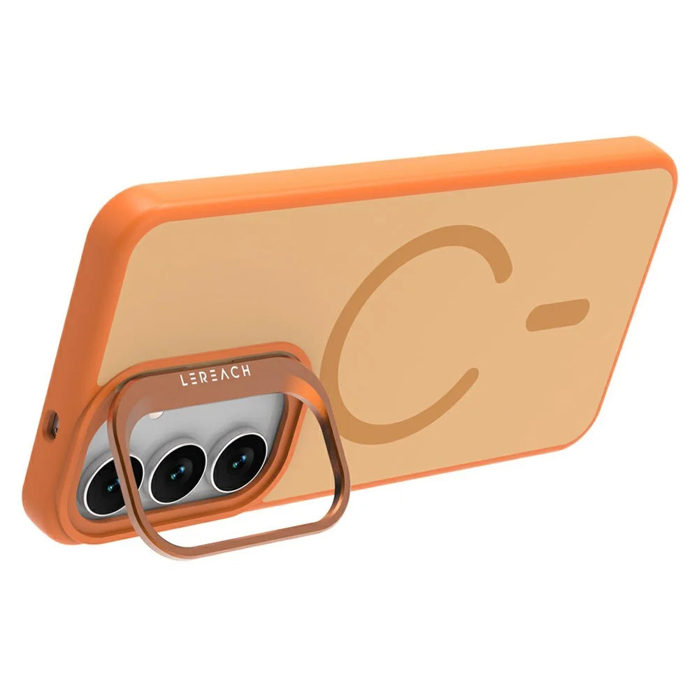 LEREACH Le-Luser Series For Samsung Galaxy S25 FE Magnetic Case Metal Lens Kickstand TPU PC Phone Cover - Orange - 3