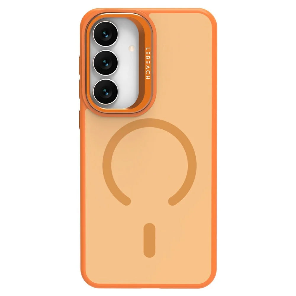 LEREACH Le-Luser Series For Samsung Galaxy S25 FE Magnetic Case Metal Lens Kickstand TPU PC Phone Cover - Orange - 4