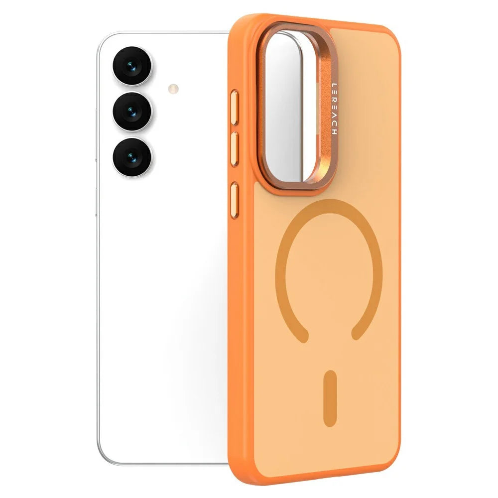 LEREACH Le-Luser Series For Samsung Galaxy S25 FE Magnetic Case Metal Lens Kickstand TPU PC Phone Cover - Orange - 5