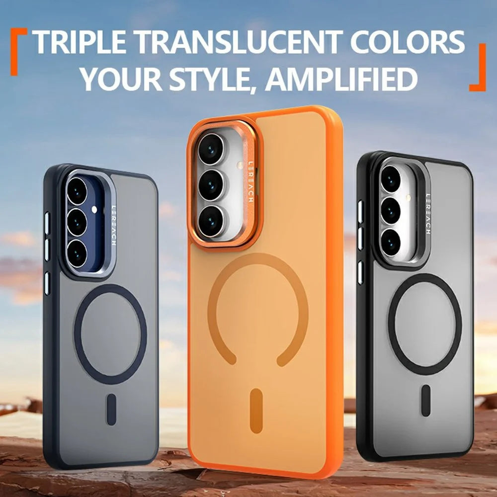 LEREACH Le-Luser Series For Samsung Galaxy S25 FE Magnetic Case Metal Lens Kickstand TPU PC Phone Cover - Orange - 7