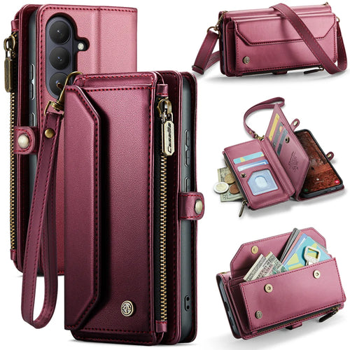 CASEME For Samsung Galaxy S26+ Leather Case  C36 Zipper 10 Card Slots Phone Cover with Straps - Red - 1