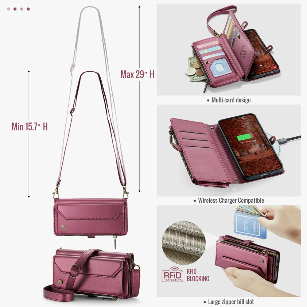 CASEME For Samsung Galaxy S26+ Leather Case  C36 Zipper 10 Card Slots Phone Cover with Straps - Red - 3