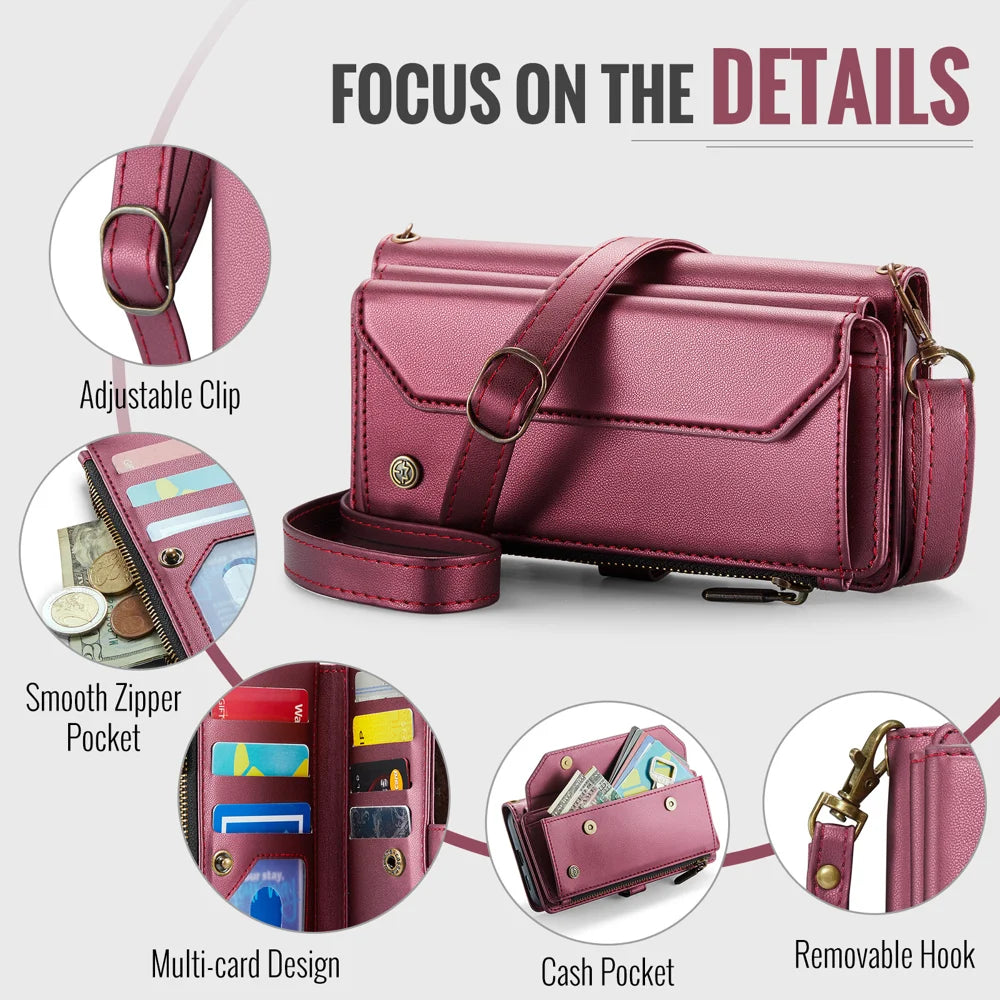 CASEME For Samsung Galaxy S26+ Leather Case  C36 Zipper 10 Card Slots Phone Cover with Straps - Red - 6