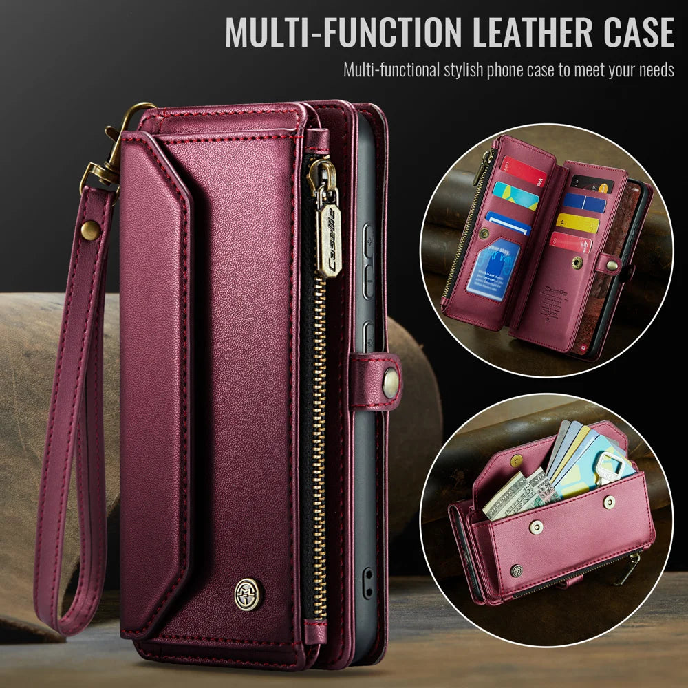 CASEME For Samsung Galaxy S26+ Leather Case  C36 Zipper 10 Card Slots Phone Cover with Straps - Red - 7
